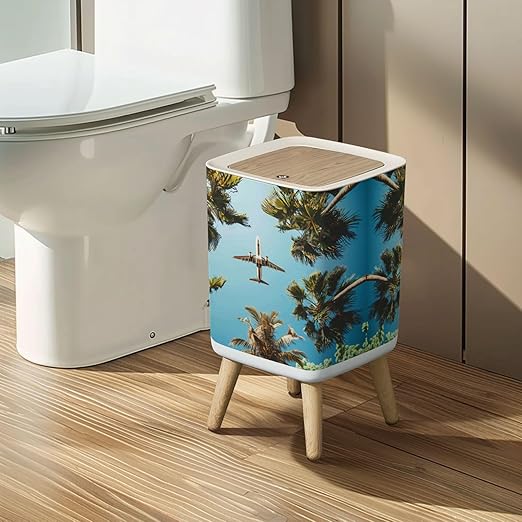 Small Trash Can with Lid Airplane Flight Tropical Vacations Wastebasket with Press Cover Dog Proof Garbage Can Waste Bin for Kitchen Bathroom Nursery 2.6 Gallon