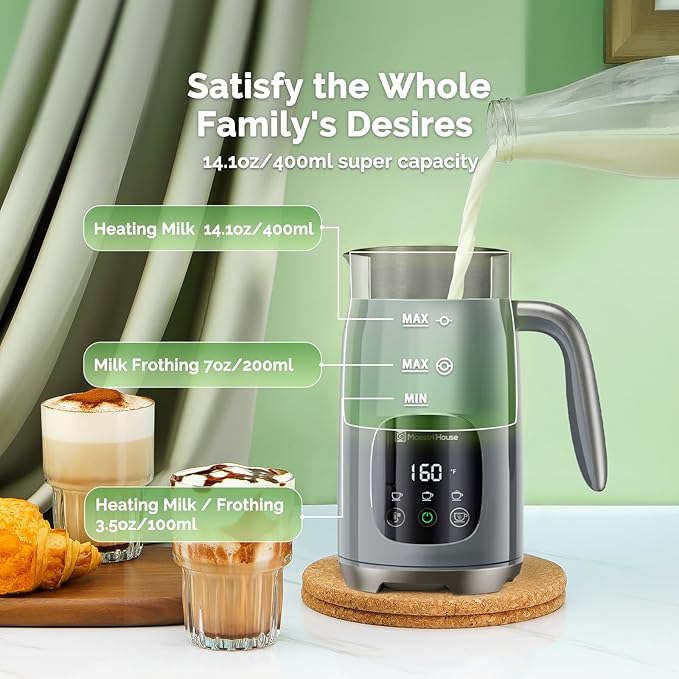 Milk Frother, Maestri House Variable Temp and Froth Thickness Milk Frother and Steamer, 14.1OZ/400ML Smart Touch Control Foam Maker, Memory Function for Latte, Warm Milk