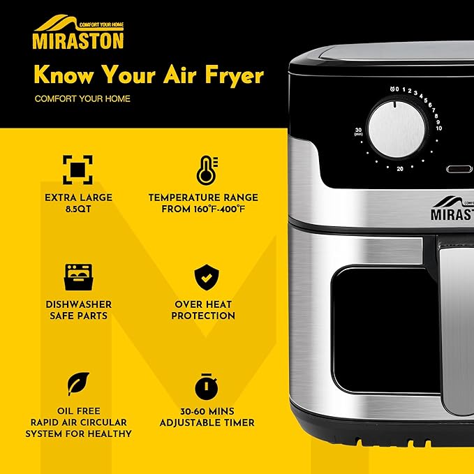 8.5QT Air Fryer, Upgraded Family Size Capacity, Square Basket Dials Stainless Steel Air Fryers, Reheat Leftovers, Easy Cooking for Healthier Breakfast & Dinner in Minutes, Gift Box Included