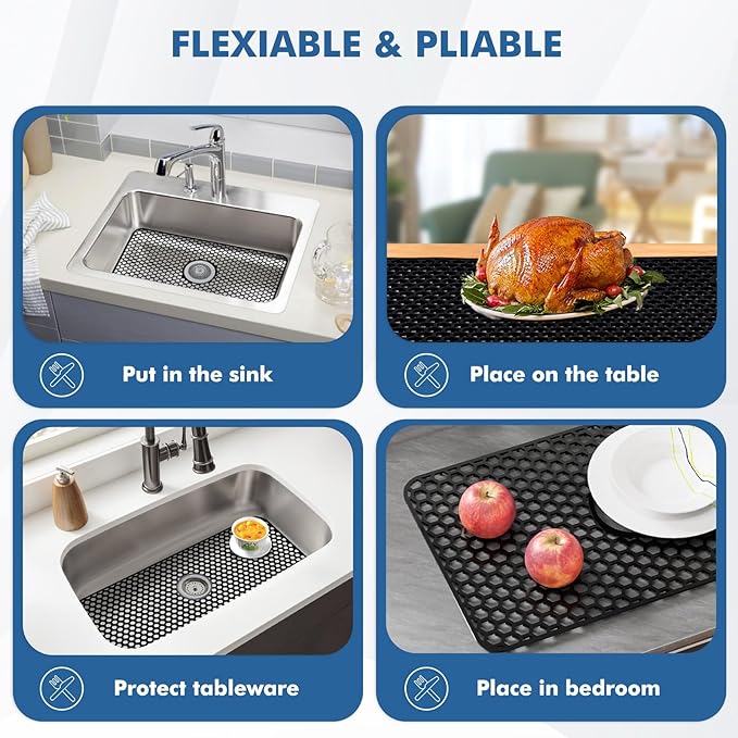 Bestjing Silicone Sink Protectors for Kitchen Sink with Center Drain - 29.7"x 15.5" Kitchen Protector Accessory, Non-Slip Heat Resistan Mat for Bottom of Farmhouse Stainless Steel Porcelain (Black)