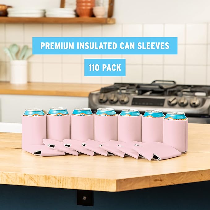 Blank Beer Can Cooler Sleeves (110-Pack) Soft Insulated Beer Can Coolies - HTV Friendly Blank Koolies in Bulk for Beer Cans & Bottles - Coolie Blanks for Vinyl Projects & Wedding Favors (Blush)