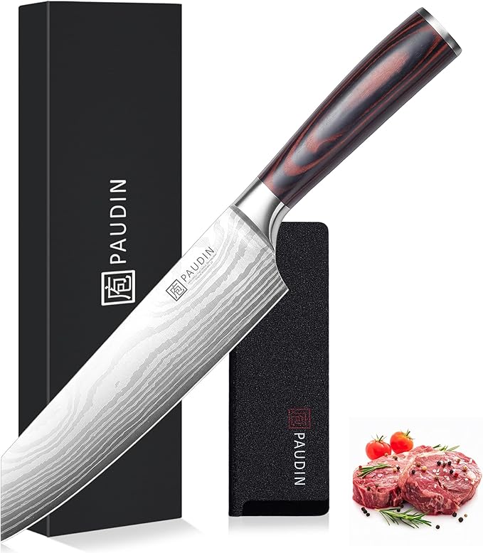 PAUDIN Kiritsuke Chef Knife, 8 Inch Japanese Kitchen Knives, 5Cr15MoV High Carbon Stainless Steel, Pakkawood Handle, with Protective Sheath & Gift Box