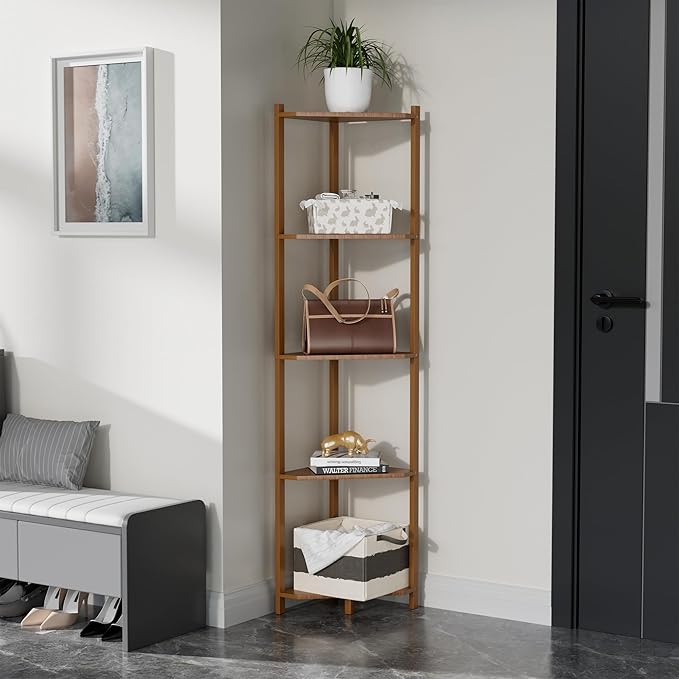 Wisuce Corner Shelf, 100% Real Bamboo Shower Corner Shelves Free Standing Shelf Storage Organizer for Bathroom Living Room Kitchen (Brown, 5 Tier)