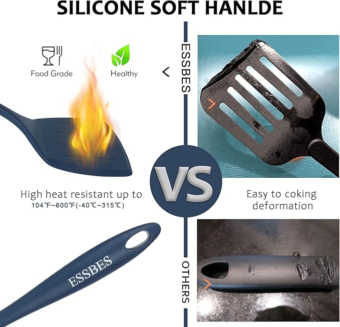 Extra Large Silicone Turner - 600F Heat Resistant Nonstick Flexible Kitchen Spatula, BPA Free Dishwasher Safe Utensils, Nonslip Grips One Piece Cookware Suitable for Cooking Baking (Blue)