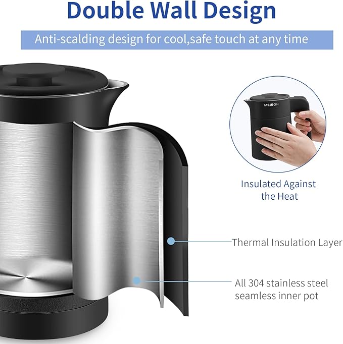 0.6L Small Electric Kettles Stainless Steel, Travel Mini Hot Water Boiler Heater, Double Wall Cool Touch Portable Teapot, Auto Shut-Off & Boil-Dry Protection, 120V/800W, 2 Year Warranty (Black)