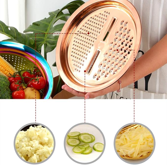 3-In-1 Multifunctional Grater Basin Colander Strainer Set, Mingcheng Stainless Steel Kitchen Drain Basket/Bottom Basin for Washing Rice, Fruits, Vegetable, Grater with Container (Gold)