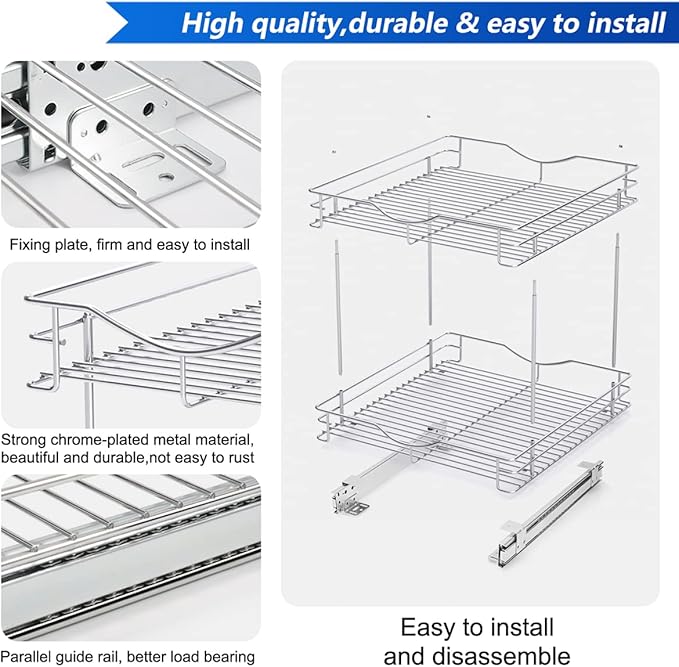 FULGENTE Chrome Finish 2 Tier (17" W X 18" D) Pull Out Drawer Cabinet Organizer Heavy Duty Slide Out Pantry Shelves Sliding Basket Storage For Home Kitchen Bathroom Under Sink Organization