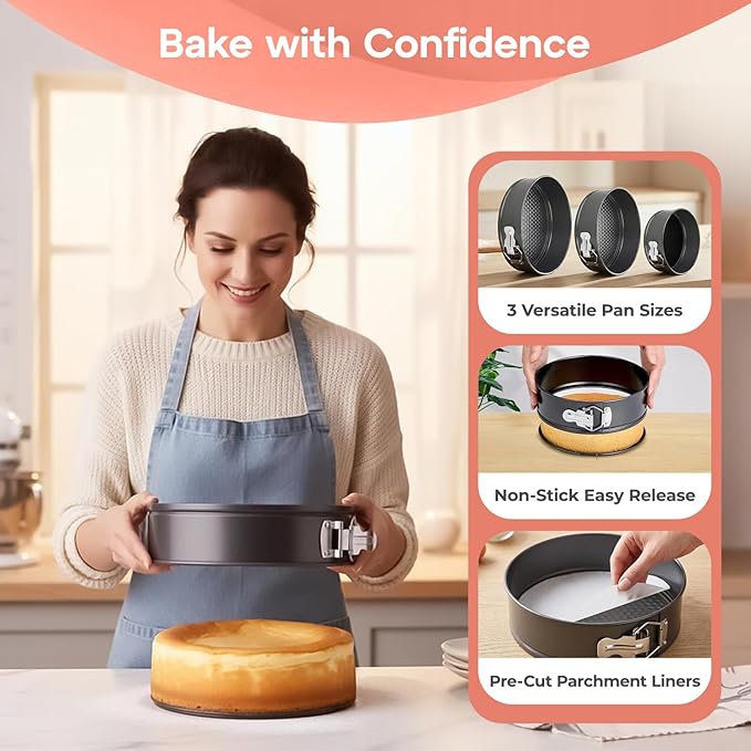 RFAQK 150PCs Cake Pan Set for Baking + Cake Decorating Supplies: 3 Round Non Stick Springform Pan Set (4, 7, 9 inches),24 Icing Tips,Cake Leveler–Multi-functional Leak-Proof Cake Pans & eBook