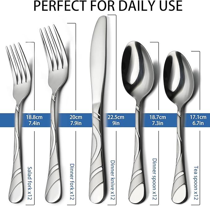 60-Piece Silverware Set for 8, 18/0 Frosted & Mirror Finish Stainless Steel Vintage Flatware Set, Modern Cutlery Set for Home Wedding Restaurant Housewarming Party Event Serving For 12