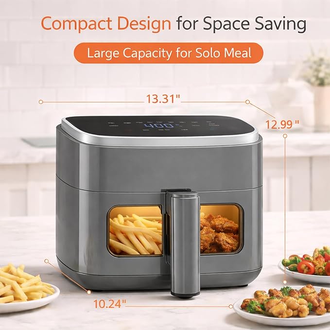 Simple Deluxe 8-in-1 Air Fryer 4 Qt, Digital Preset Airfryer with Visible Window, Nonstick and Dishwasher-Safe Basket for Chips, Bake, Wings, 60-Min Timer, 1500W, Gray