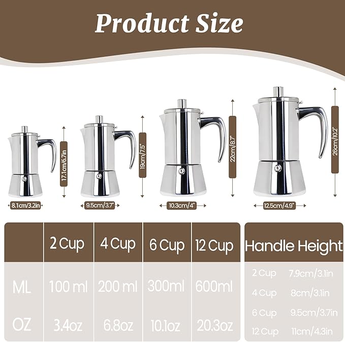 2 Cup Thickened Moka Pot 304 Stainless Steel 100ml Italian Espresso Coffee Maker Stovetop CoffeeMakers Mocha Pot Percolator for Induction Stove Classic Cafe Makers Portable for Easy Brewing