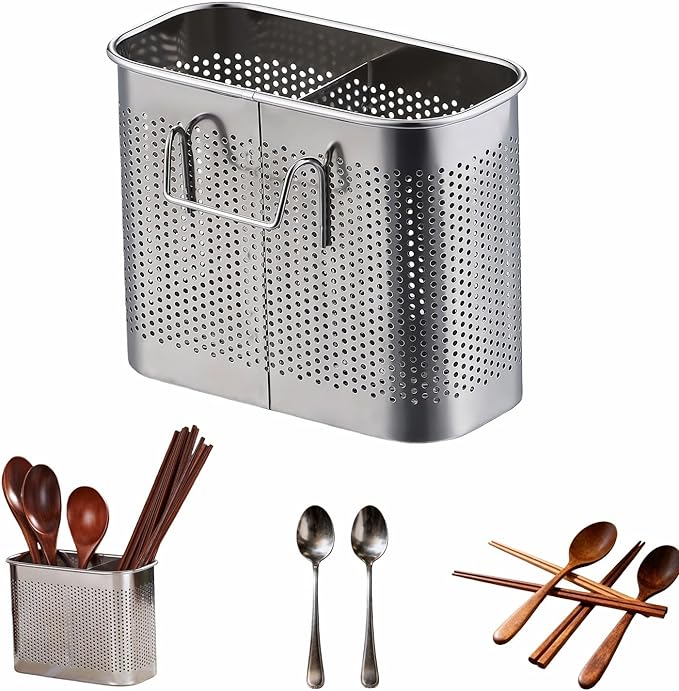 304 Stainless Steel Utensil Drainer, 2-Tier Silverware Drying Rack with Hooks, Anti-Rust Kitchen Sink Organizer & Cutlery Holder for Dishwasher, Countertop Space-Saving Storage, Brushed Finish