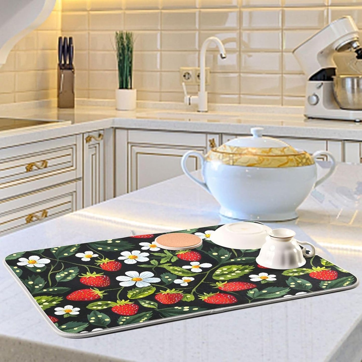 Strawberries White Flowers Dish Drying Mat for Kitchen Counter Absorbent Microfiber Drying Pad, Medium 16x18 in, Reversible Drainer Mats