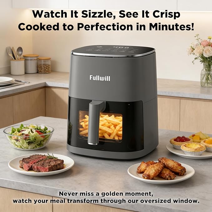 Fullwill 6QT Air Fryer with Viewing Window,12-in-1 Multi-Function Air Fry,Roast,Bake, Dehydrate, Fries,Nonstick and Dishwasher-Safe Basket,Family&friends Party,Max 400℉ Crisping 1700W,Gray