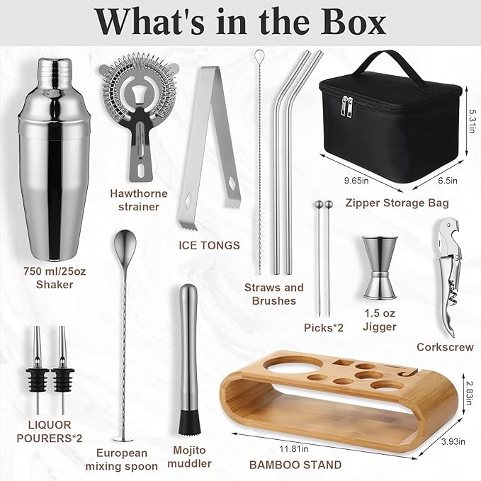 16 Pcs Bartender Kit Bag with Stand Portable Cocktail Shaker Set, 25oz Stainless Steel Barware Kit with Jigger, Strainer, Spoon, Ice Tongs, Gift for Cocktail Lover Travel