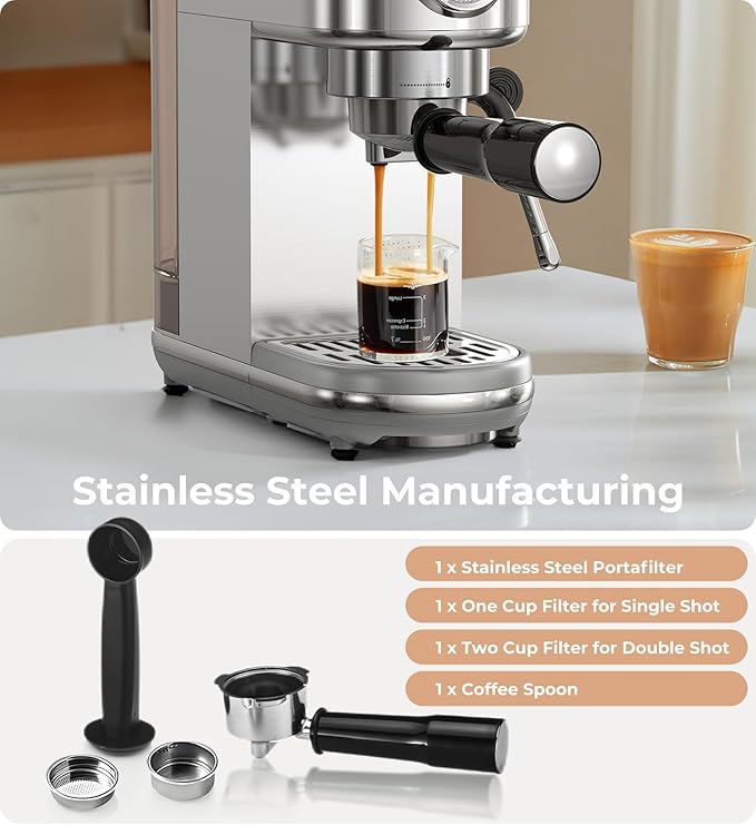 atatix Espresso Machine with Milk Frother, 20 Bar Pressure Espresso Maker, with 44OZ Removable Tank, Compact Stainless Steel Coffee Machine for Home, Office, Latte, Cappuccino, Macchiato, Silver