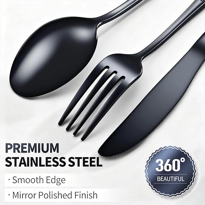 60 Piece Black Silverware Set - Service for 20, Stainless Steel Flatware Cutlery Set Include Knives Spoons Forks, Black Bulk Silverware for Wedding, Restaurant, Home, Dishwasher Safe