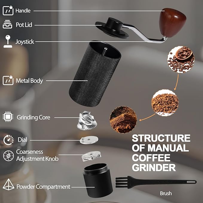 Non-Detachable Manual Coffee Grinder with 25 Level Stainless Steel Conical Burr Portable Aluminum Coffee Bean Grinder Gift Set Suitable for Moka Pot Espresso Pour Over Easy Cleaning with Brush