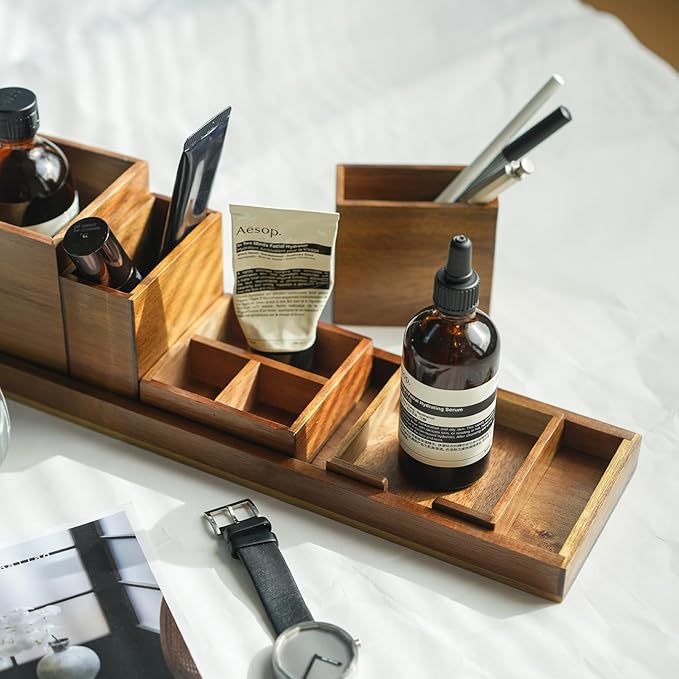 Bamboo & Wood Vanity Tray, 6-Piece Bathroom Countertop Vanity Tray Set, Makeup Kitchen Desk Organizer and Storage - Holds Small Items