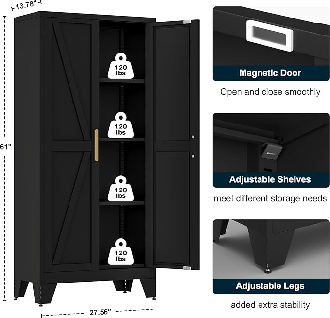61" Tall Metal Storage Cabinet with 2 Doors and 3 Adjustable Shelves, 4-Tier Kitchen Pantry Storage Cabinet for Kitchen, Living Room, Dining Room and Office, Black