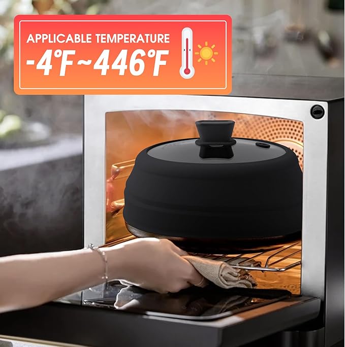 Microwave Splatter Cover Microwave Cover for Food 9 Inch Collapsible Glass Microwave Cover with Handle Silicone microwave splatter cover for Home Kitchen (Black)