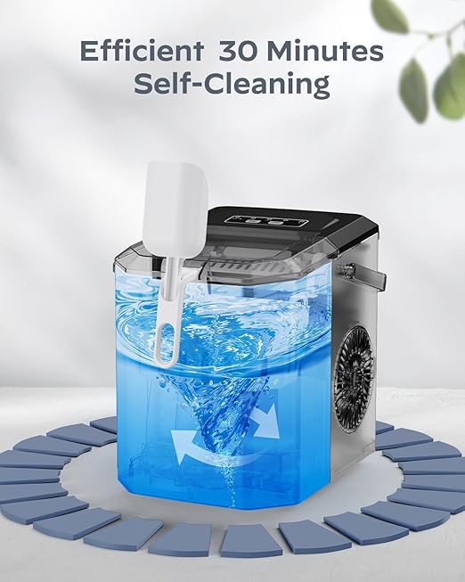 Silonn Ice Maker Countertop, Stainless Steel Portable Ice Machine with Carry Handle, Self-Cleaning Ice Makers with Basket and Scoop, 9 Cubes in 6 Mins, 26 lbs per Day, Stainless Steel