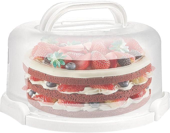 Yesland Cake Carrier with Collapsible Handle - White Cake Container and Holder with Lid - Portable Plastic Round Cake Cover for 10 inch Cake, Pies, Cookies, Nuts, Muffins, Cupcakes and Fruit