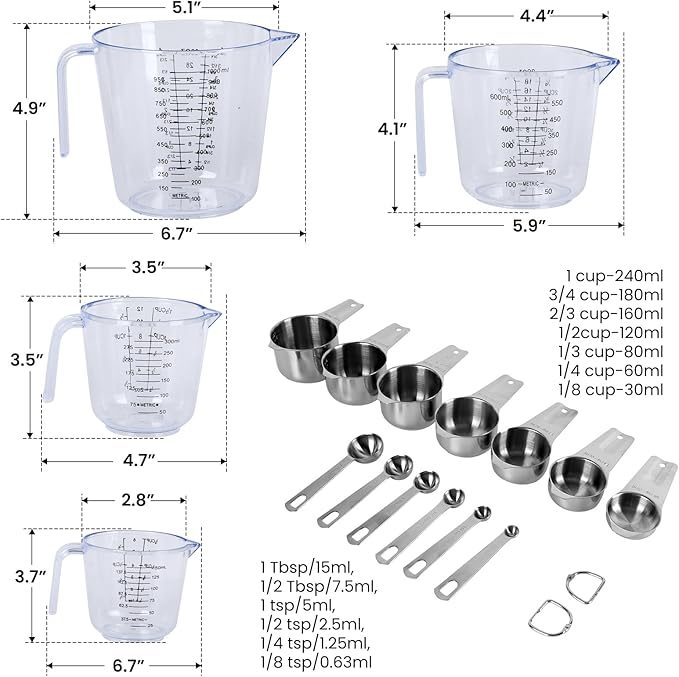 7x Stainless Steel Measuring Cups with 6x Measure Spoons Set,4x Py&Rex Plastic liquid Measurings Cups for Liquids,Kitchen Gadgets for Cooking & Baking Utensils Christmas Gift (17Pcs)