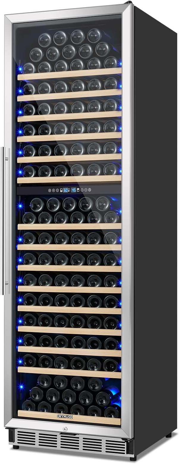ORYMUSE 200 Bottle Dual Zone Wine Fridge - 24 Inch Large Wine Cooler Refrigerator, Freestanding and Built-in Design, Upgraded Compressor Cooling, Intelligent Temperature Memory
