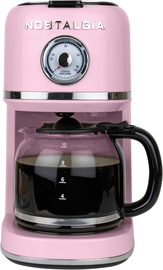 Nostalgia Classic Retro 10 Cup Coffee Maker - One-Touch Drip Brew, Reusable Filter - Anti-Drip, Auto Shutoff, & Time Display - Dishwasher Safe 50 oz Carafe - Pink
