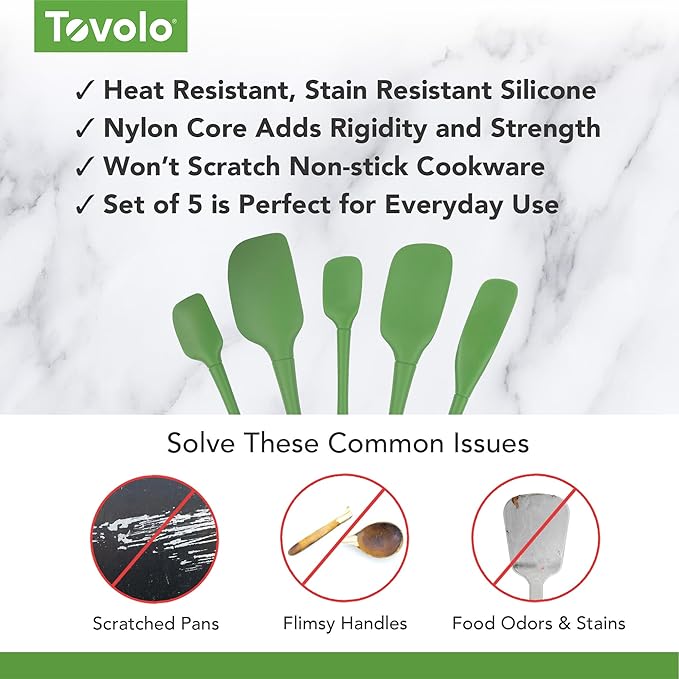 Tovolo Flex Core 5 Piece Silicone Spatula Set Heat Resistant All Silicone Utensils Include Non Stick Spatula Spoonula Jar Scraper, Dishwasher Safe BPA Free Spatulas for Baking Mixing, Pesto Green