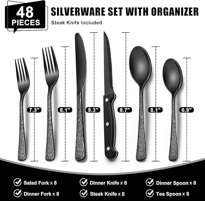 49-Piece Black Silverware Set with Organizer, Food-Grade Stainless Steel Black Flatware for 8, Cutlery Utensil Sets with Steak Knives, Rust-proof, Mirror Polished, Dishwasher Safe, Tree Pattern