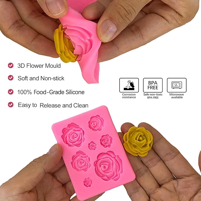 5Pcs Rose Flower Silicone Molds Small Flower Fondant Chocolate Candy Molds Polymer Clay Resin Ice Cube Soap Wax Mold for Baking