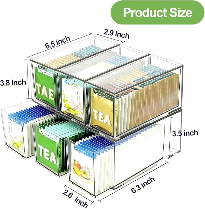 2 Pack Stackable Tea Bag Storage Organizer Drawers – Clear Acrylic Tea Bag Holder for Cabinet, Drawer, Pantry, Countertop – Kitchen Tea Storage Container