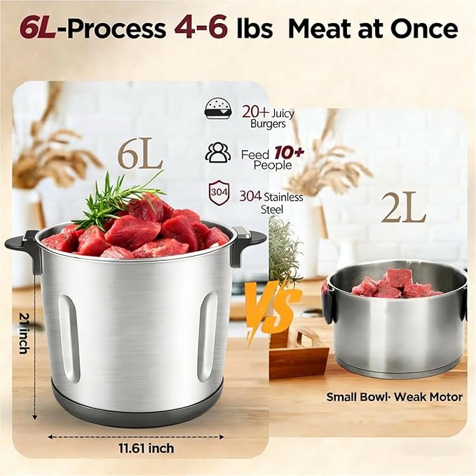 Meat Grinder 6L Large Capacity,1200W Heavy Duty Electric Food Processor for Frozen Meat,Vegetable and Nuts with 3-Layer Blades & Stainless Steel Bowl,Dishwasher Safe,for Family BBQ,Keto Meal