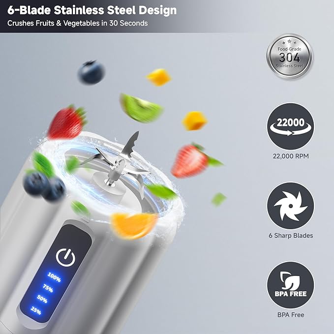Portable Blender, Personal Blender for Smoothies and Shakes, Small Juice Mixer with LED Display, USB C Rechargeable Shake Maker with 6 Blades for Kitchen, Outdoor, Gym, 17 Oz, White