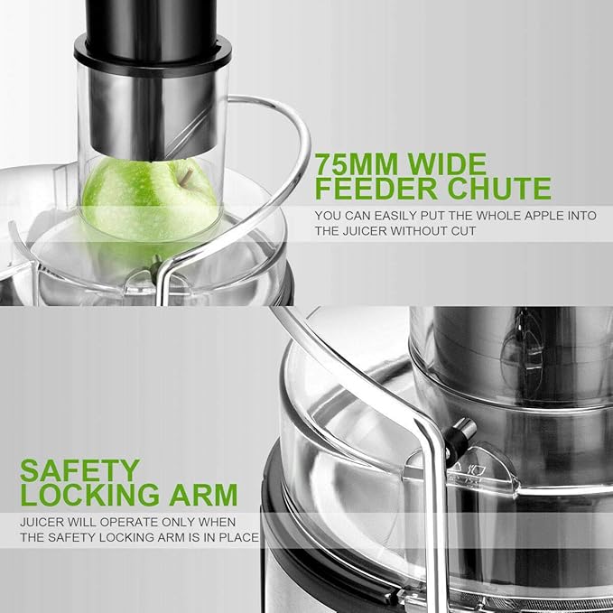 COSTWAY Juice Extractor, 75MM Wide Mouth Stainless Steel Juicer Machines, 2-Speed Setting High Speed Masticating Juicer Machine for Fruits and Vegetable with Slag Pot and Juice Jug, BPA-Free