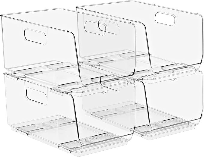 Sorbus Stackable Storage Bins Open Front - Clear Stackable Storage Bins - Pantry Bins for Storage and Organization - Acrylic Stackable Bins for Kitchen - Clear Pantry Organizer Bins (Medium 4 Pack)