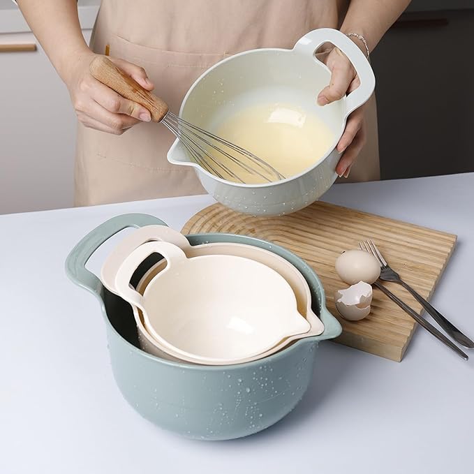 Mixing Bowls - 4 Piece Nesting Plastic Mixing Bowl Set with Pour Spouts and Handles - Non Slip Bottom and Measurement Markings (Light Green)