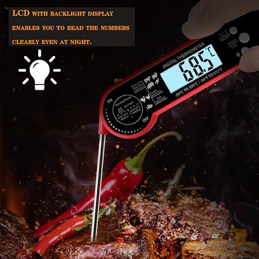 Meat Thermometer Digital with ±0.5℉ Precision, 100% Waterproof, Motion Sensing Food Thermometer for Cooking Kitchen Oven Grill Candy BBQ, Red