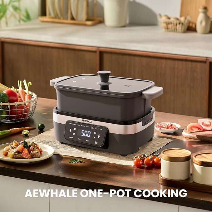 AEWHALE Multifunctional Electric Skillet with Grill|8 Cooking Functions|Removable Non-Stick Plate+Pot+Lid,1500 W Digital Family Size Griddle