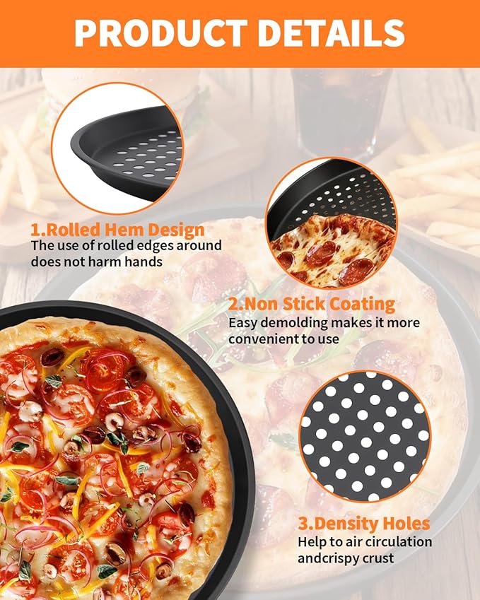 12-Inch Nonstick Pizza Pan with Holes, Perforated Carbon Steel Pizza Tray for Oven, Round Bakeware Pizza Tray for Home Restaurant Kitchen