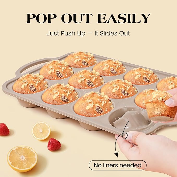 Vinino 2Packs Silicone Muffin Pans for Baking with Metal Reinforced Frame, 12 Cups Regular and 6 Cups Jumbo Nonstick Cupcake Pan, BPA Free Oven Dishwasher Safe Baking Mold for Muffins Cupcakes