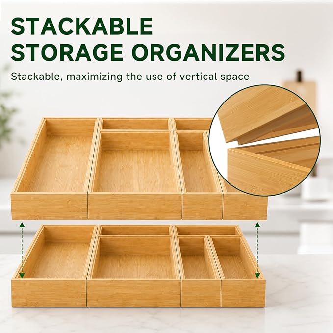 Bamboo Kitchen Drawer Organizer for Utensils, Set of 6 Stackable Silverware Tray for Drawer, Multi-Use Storage Bamboo Trays for Utensil Holde, Office, Makeup, Jewelry, Bathroom