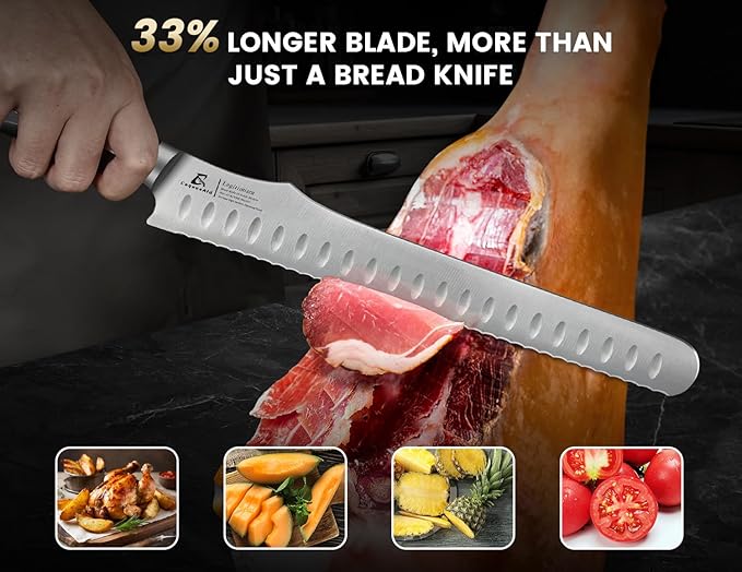 CoquusAid Bread Knife for Homemade Bread, 10.6 Inch Multifunction Serrated Knife, Razor Sharp Slicer, High Carbon German Steel Bread Cutter, Ergonomic Handle Design for Sourdough Turkey Fruit Cutting