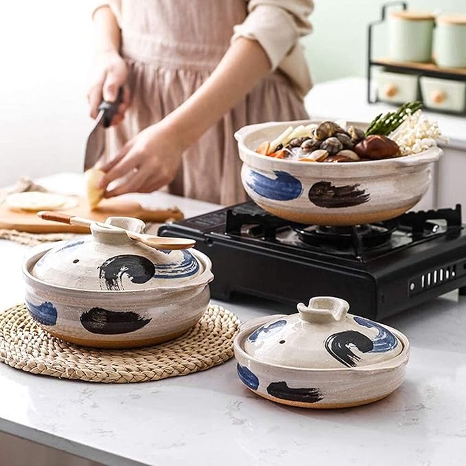 Donabe Japanese Casserole Pot Heat Resistant Ceramic Casserole With Lid Clay Rice Cooker Pot Casserole Clay Pot Slow Stev Saucepan Health Saucepan,C,1.2L