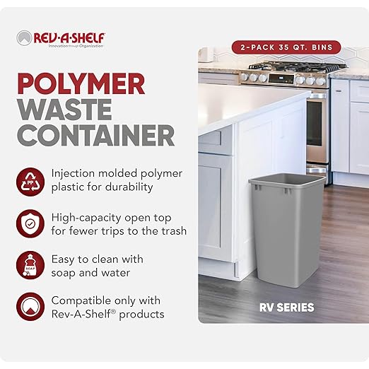Rev-A-Shelf Polymer Replacement 35 Quart Trash Bin Recycle Waste Garbage Container for Kitchen Cabinet Pullouts, Silver, 2 Pack, RV-35-17-2