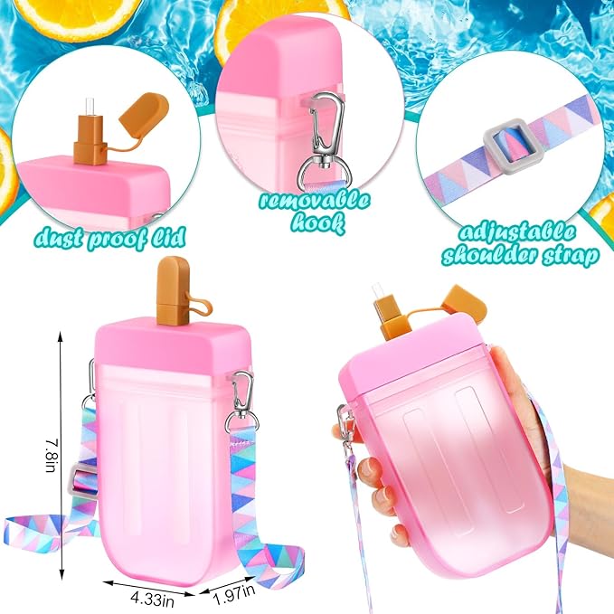 Patelai 8 Pcs 10oz Cute Water Bottles with Straw Kawaii Ice Cream Cups Leak Proof Drinking Bottles with Adjustable Shoulder Strap for Sports Travel Camping(Cute Style)