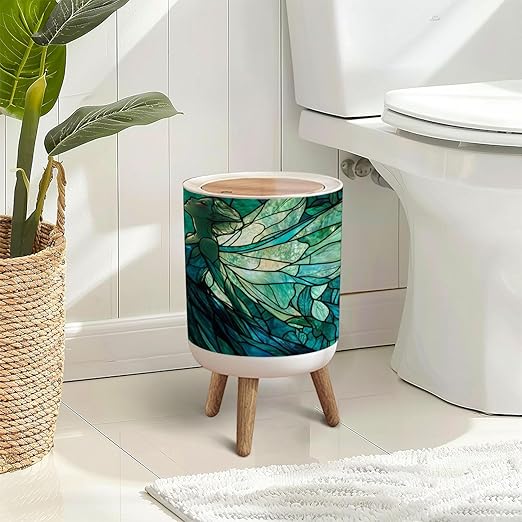 Trash Can with Lid Ethereal Fairy Floral Stained Glass Jewel Tones Press Top Round Small Garbage Bin with Wooden Legs Waste Basket for Kitchen Bedroom Nursery 7L/1.8 Gallon