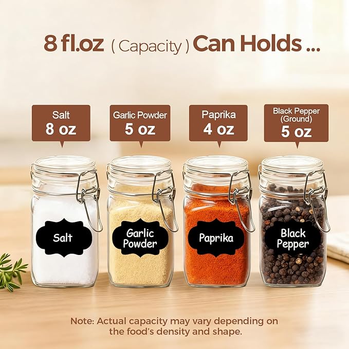 ComSaf Set of 12 Square Glass Jars with Airtight Lids (8 Oz), Pantry Canisters for Spices, Jams, & Herbs, Wire Clamp Jar for Overnight Oats, Pickling, Favors, Includes Labels & Funnel